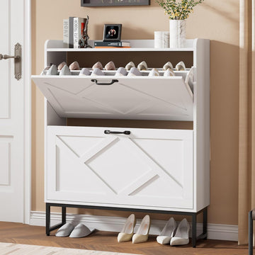 Shoe Storage Cabinet with 2 Flip Drawers, Freestanding Shoe Organizer, Shoe Cabinet with Metal Legs, Narrow Shoe Rack