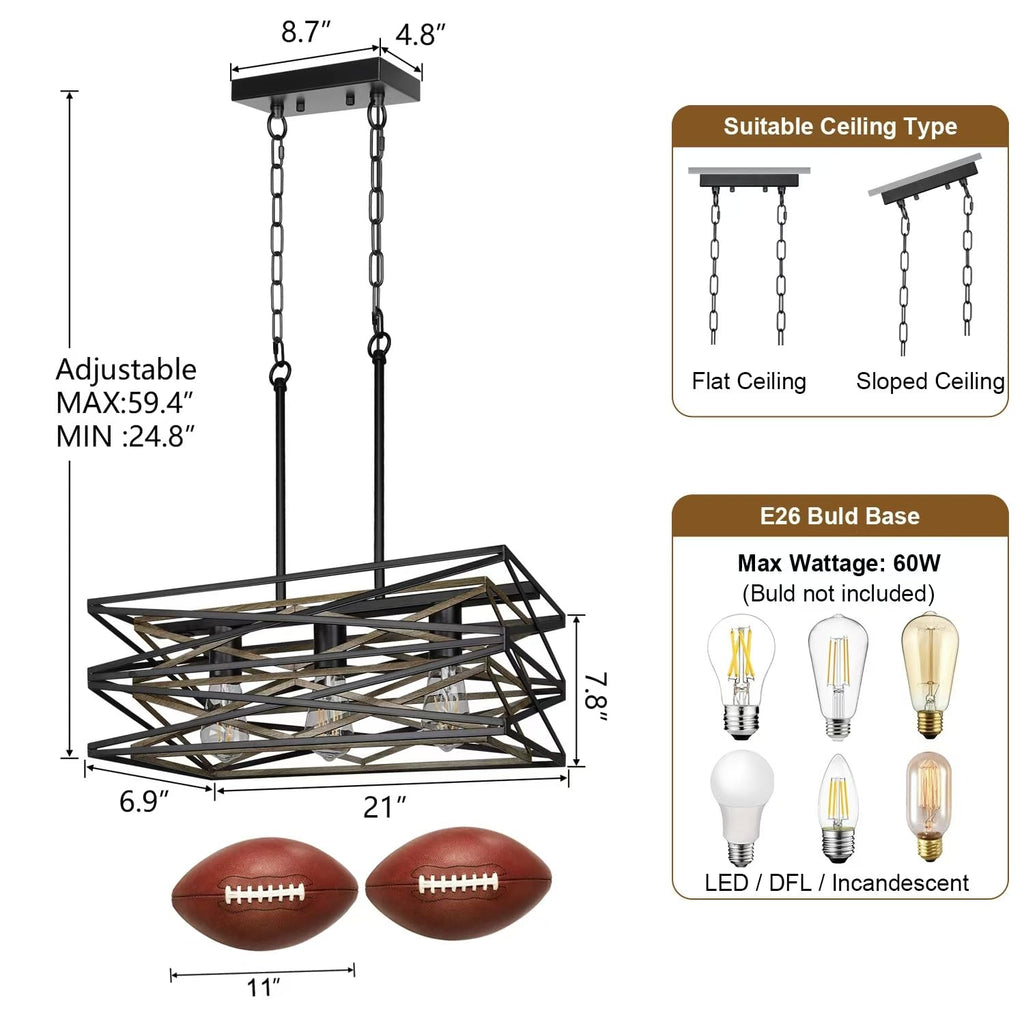 21''Farmhouse Dining Room Light Fixture, 3-Light Kitchen Island Lighting, Industrial Chandelier Over Table Kitchen