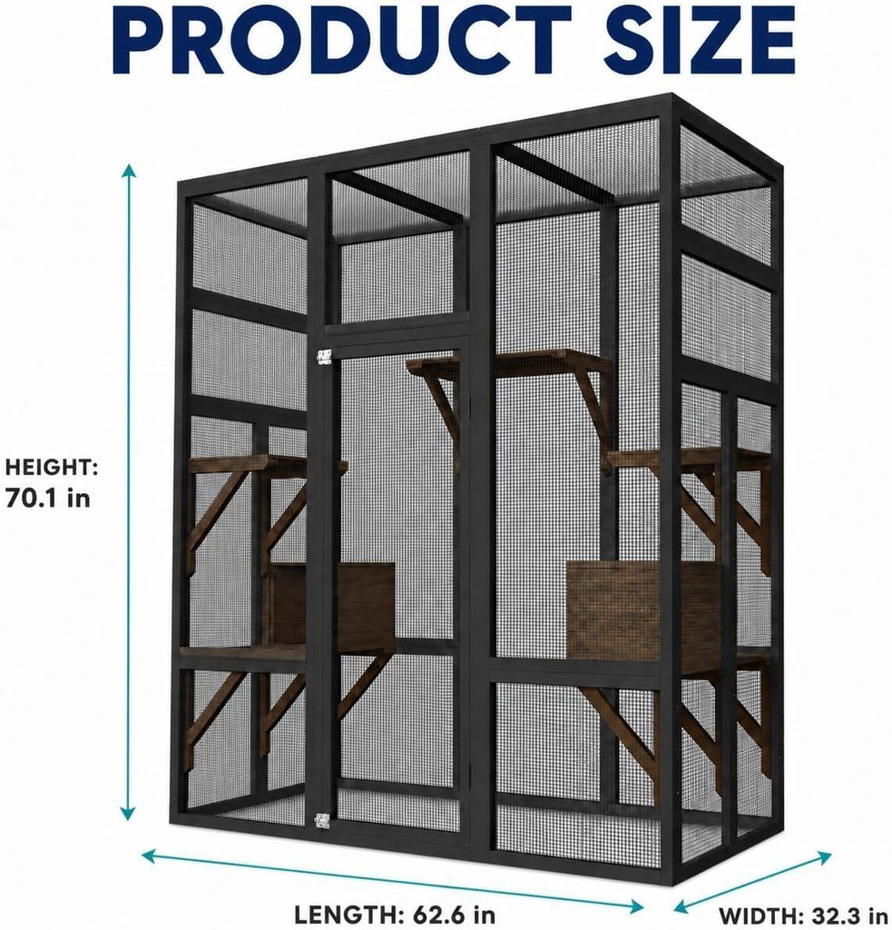 70" Walk-in Wooden Catio, Outdoor Cat Enclosure with Window Access, Black