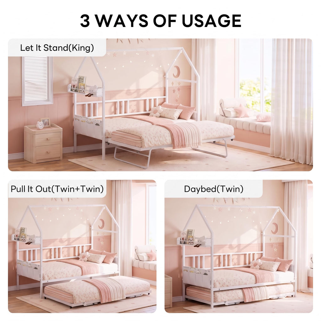 Daybed with Trundle, House Shaped Twin Bed Frame, White