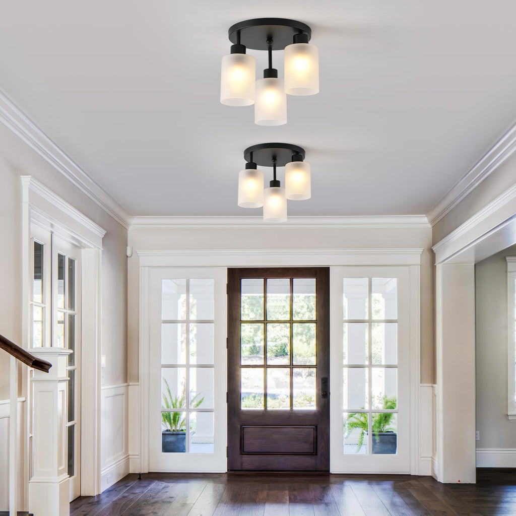 3-Light Industrial Farmhouse Black Matte Light Fixtures Ceiling Mount, with Frosted Glass Shades Semi Flush Mount