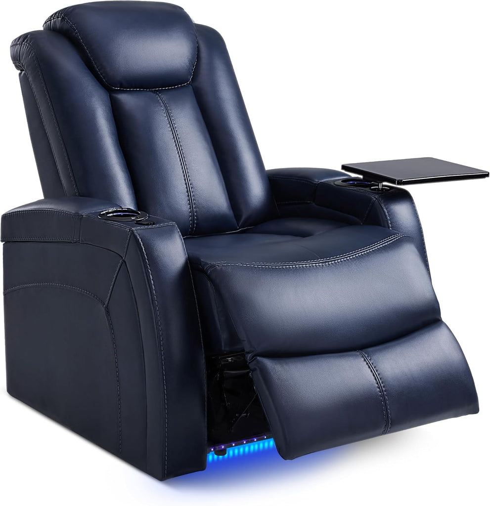 MCombo Dual Motors Leather Recliner with Power Headrest, Home Theater Seating with Armrest Storage HTS422 (Blue)