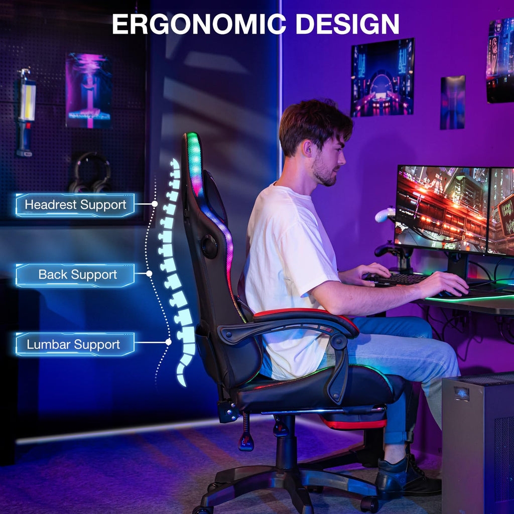 Gaming Chair with LED Lights Speakers Massage Big Tall Computer Chair-Red