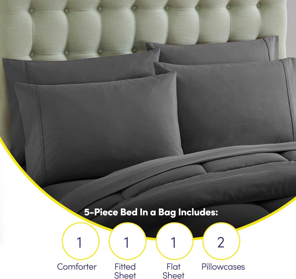 5 Piece Comforter Set Bag Solid Color All Season Soft Down Alternative Blanket & Luxurious Microfiber Bed Sheets, Gray