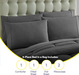 5 Piece Comforter Set Bag Solid Color All Season Soft Down Alternative Blanket & Luxurious Microfiber Bed Sheets, Gray