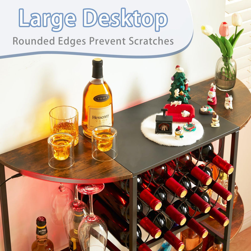 Wine Bar Cart with LED Lights, Mini Wine Rack with Storage and Glass Holder, Small Home Bar Cart for Liquor, 3-Tier