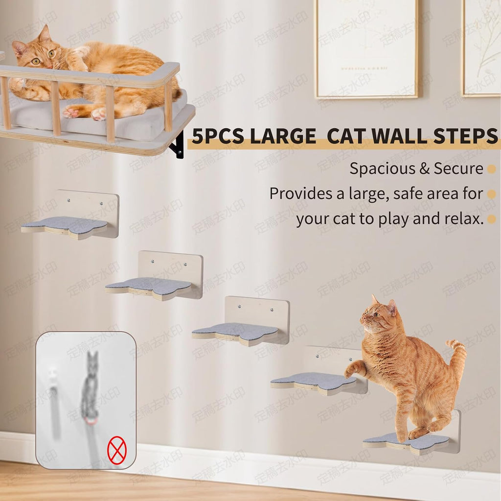 Large Cat Wall Shelves with 5 Steps - Heavy Duty Cat Wall Furniture, Climber, Shelves & Perches with Comfy Cushion &