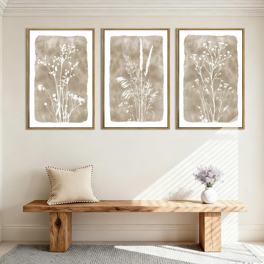 Beige Neutral Floral Canvas Wall Art 16x24 Inch Framed Brown Botanital Wall Decor Large Rustic Farmhouse Wildflower