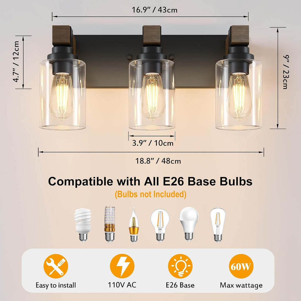 Farmhouse 3-Light Bathroom Vanity Light Fixtures, Black and Wood | 18.8′′ Rustic Matte Black Metal Frame, Clear Glass
