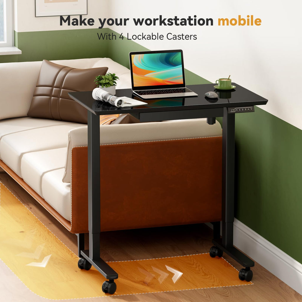 35" Black Glass Standing Desk Height Adjustable with Drawer