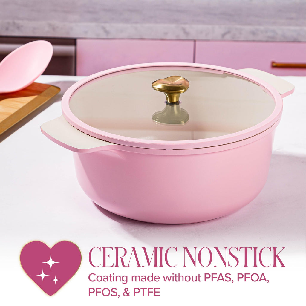 Cast Aluminum Dutch Oven with Lid, Ceramic Nonstick Coating Made Without PFAS, PFOA, PFOS & PTFE, Heart Knob