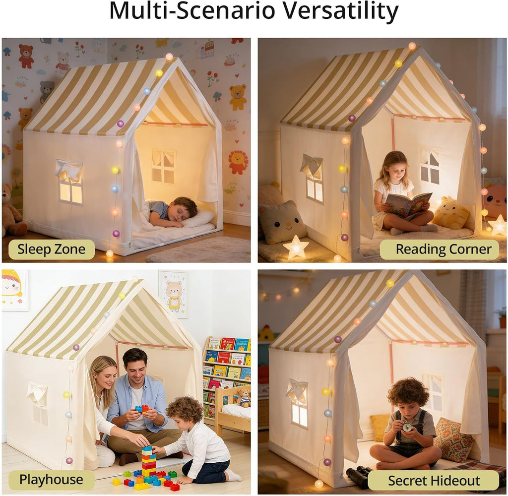 Kids Play Tent with String Lights Indoor, for 1-3 Kids, Beige Stripes