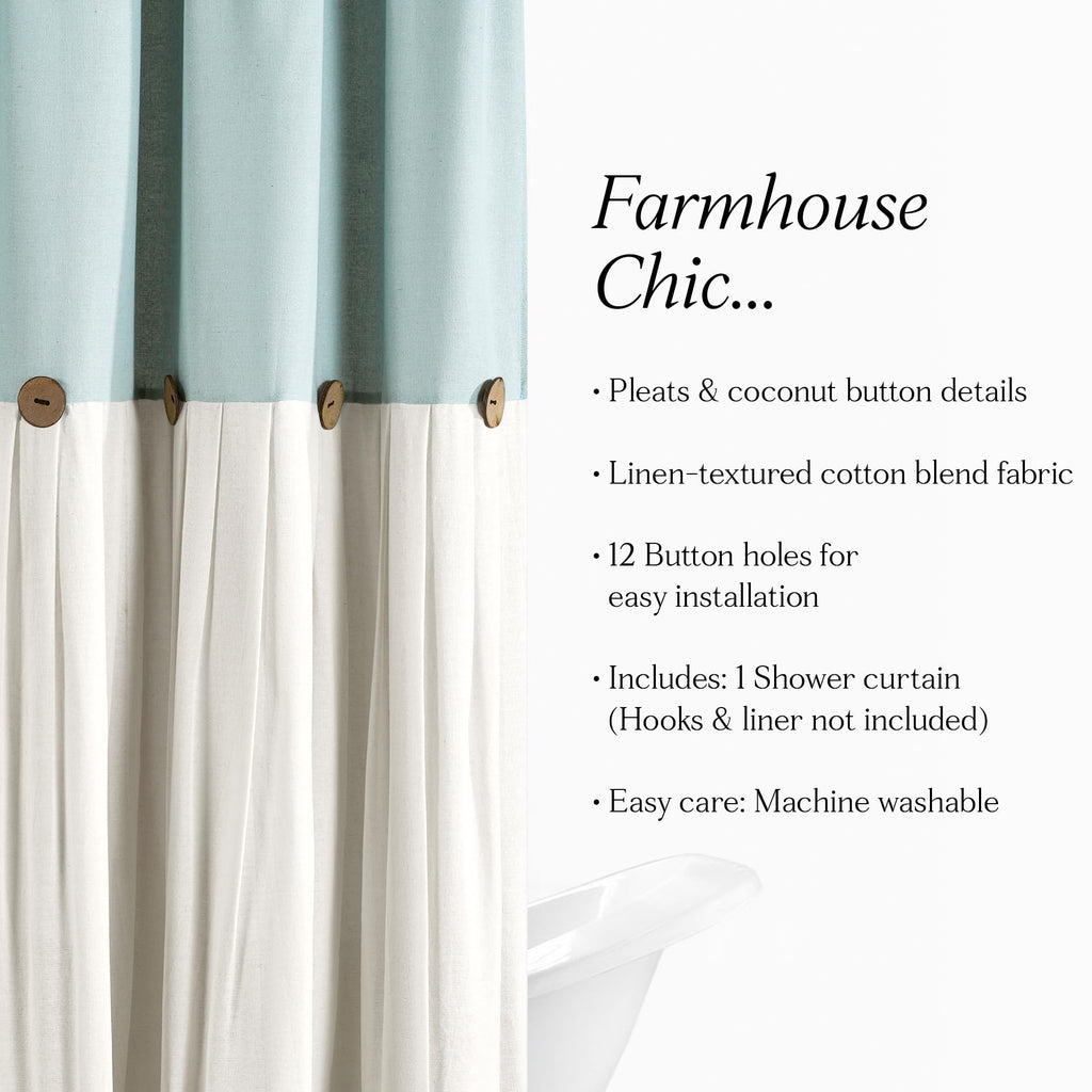 Linen Button Single 72" W x 78" L Blue & White - Extra Long Shower Curtains - Blue Fabric - Farmhouse Bathroom Decor