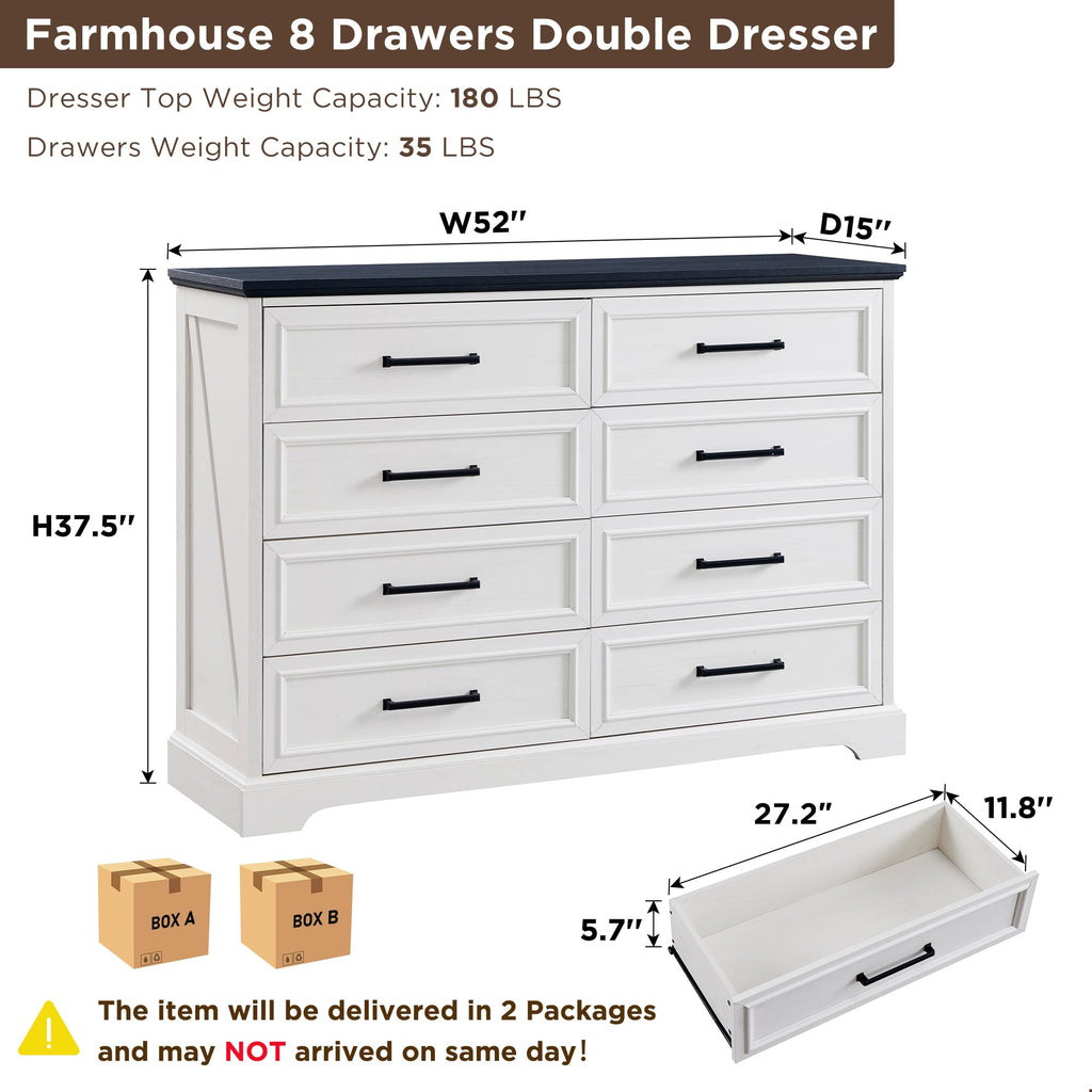 Farmhouse 8 Drawers Chests, Antique White