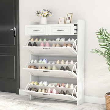 Shoe Cabinet, White Narrow Shoe Storage Organizer with 3 Doors 2 Drawers, Flip Down Shoe Rack Wood 4 Tier Shoe