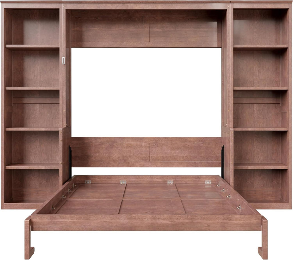 Queen Murphy Bed with Desk, Wood Murphy Bed Frame with Storage Shelves, Hidden Foldable Wall Bed for Home Office