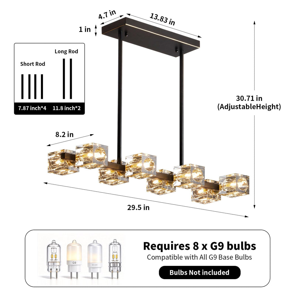 Crystal Chandeliers,8 Light Black and Gold Linear Dining Room Light Fixture Adjustable Height Hanging Ceiling Light