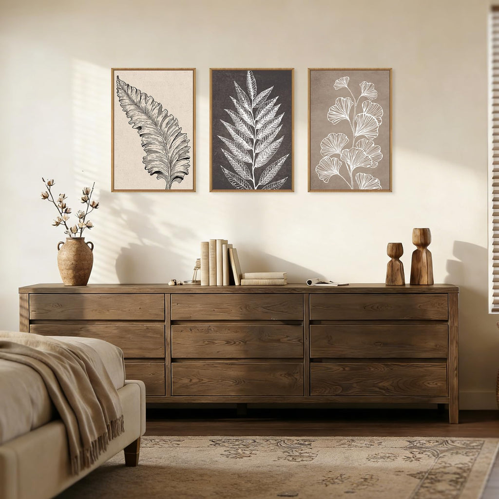 Large Boho Fern Leaf Botanical Framed Canvas Wall Art Set, Vintage Abstract Brown Beige Leaves Flower Wall Decor