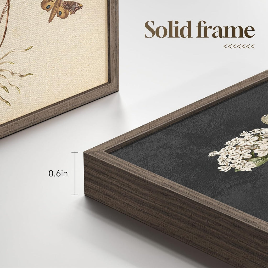 Framed Vintage Botanical Wall Art Bedroom, 4 Piece Rustic Farmhouse Floral Canvas Prints Artwork, Neutral Flower