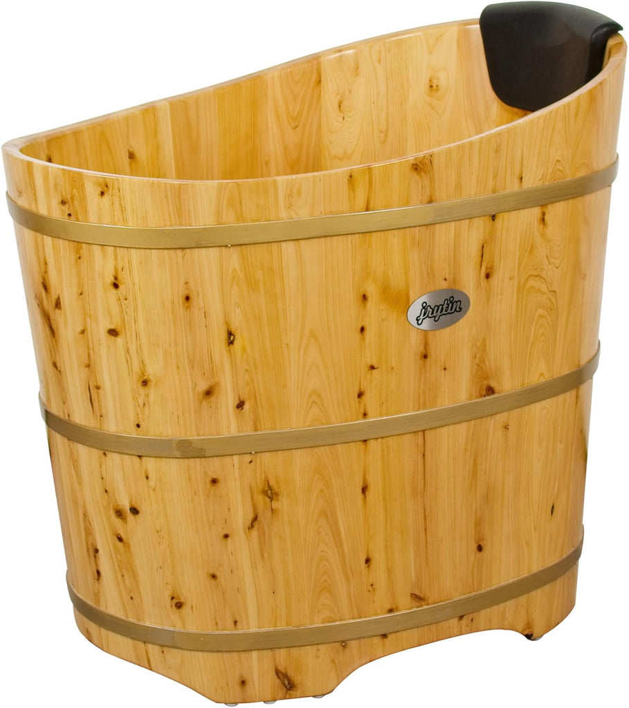 34 Inches Small Handcrafted Free Standing Wooden Bathtub, Portable Deep Soaking Tub for Relaxation, Natural Cedar Wood