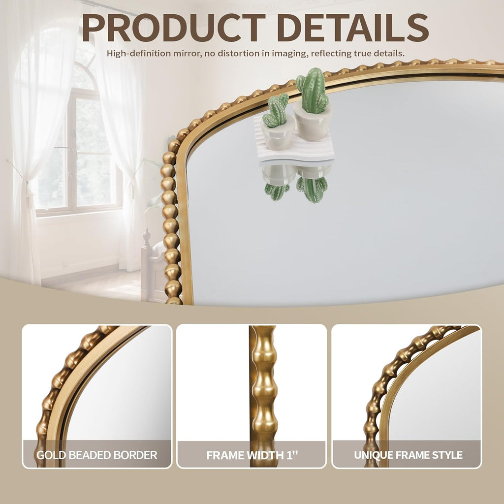36x28 Inch Wide Arched Wall Mirror with Bold Antique Gold Beaded Frame, Decorative Mantel Mirror for Fireplace or