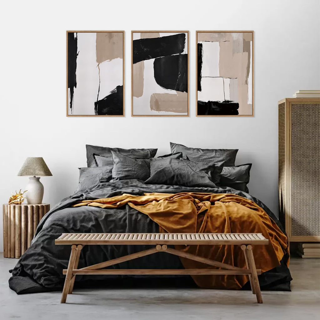 Large Framed Neutral Abstract Canvas Wall Art, Black and White Abstract Wall Decor Set of 3(16"X24")Modern Minimalist