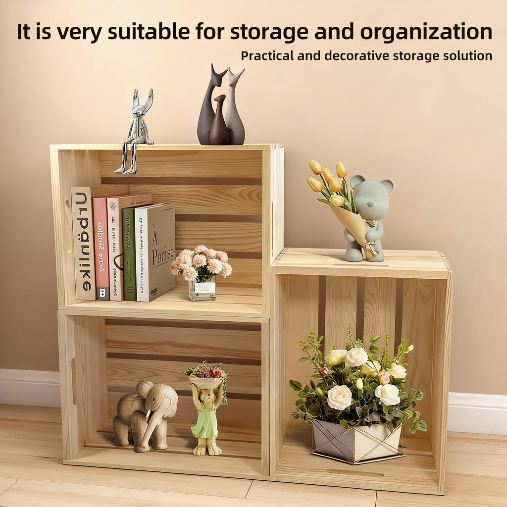 Large Wooden Crates with Handles, Natural Solid Pine Wood Crates for Storage, Decor, Wooden Milk Crate for Farmhouse
