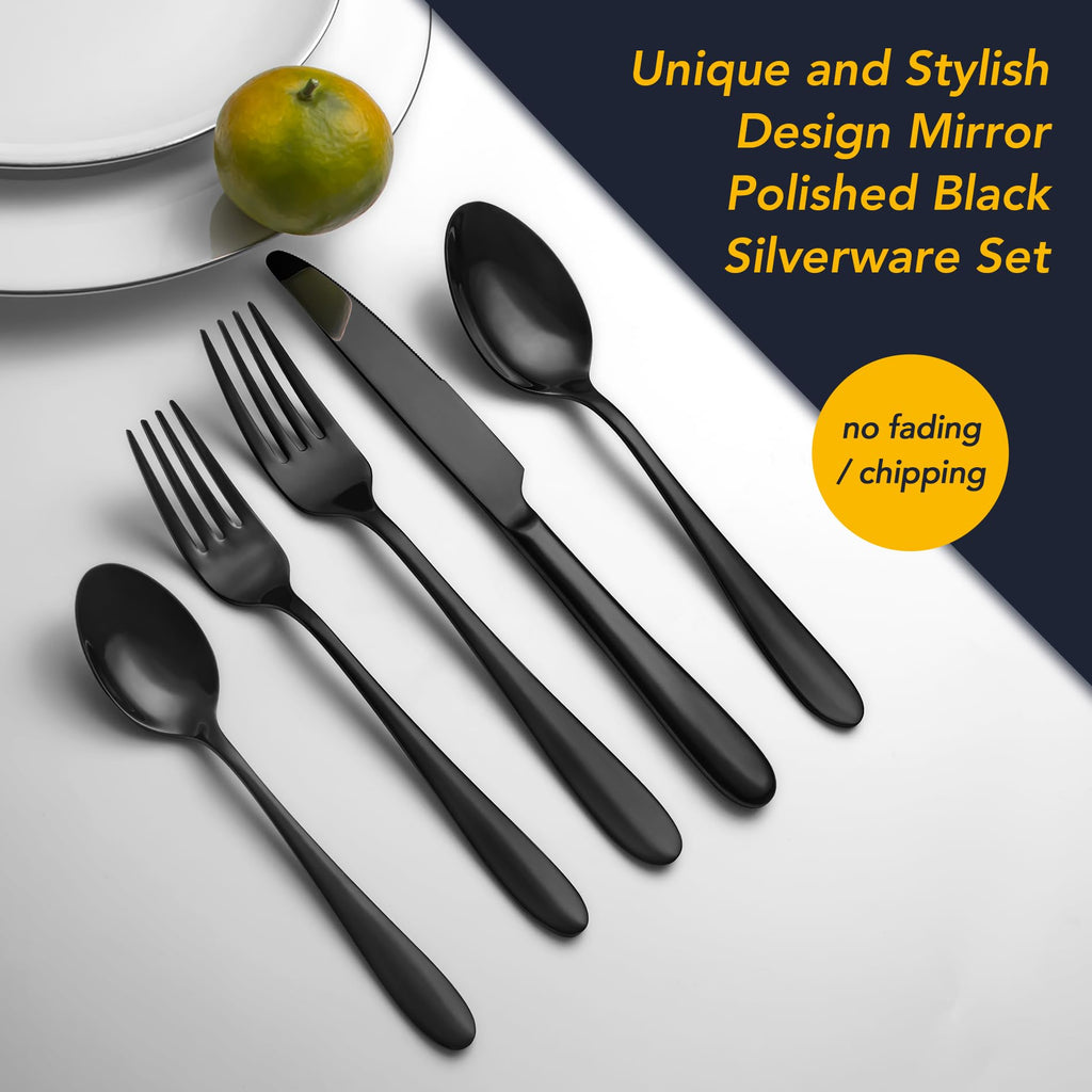 40 Piece Black Silverware Set Service for 8, Premium Stainless Steel Black Cutlery Set, Mirror Polished Flatware