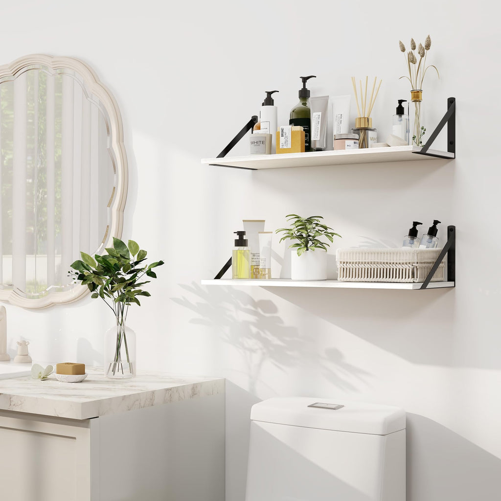 White Deep Floating Shelves for Wall, 24W x 8D Wood Wall Shelves Set of 2, Wide Floating Bookshelf and Decor Storage