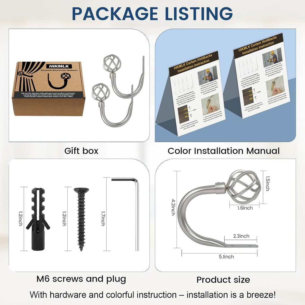 Curtain Holdbacks 2pcs, Solid Cast Iron Heavy Duty Curtain Tiebacks for Wall, Side Holder Pull Back Hooks for Drapes