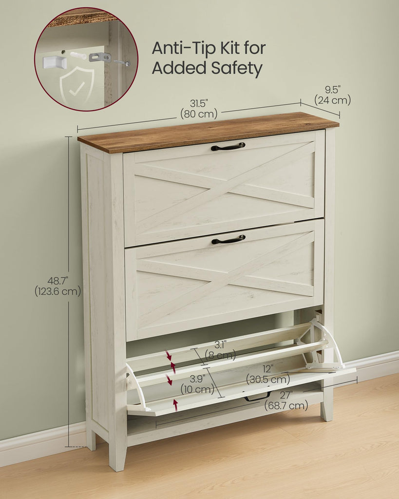 Farmhouse Shoe Cabinet, Narrow Storage Organizer, 3 Flip Drawers