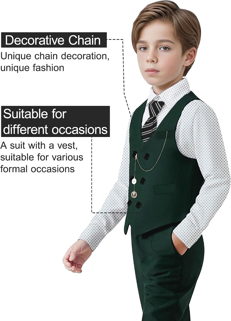 Boys Suit Formal Dress Clothes Big Boy Wedding Outfit Vest+Pants+Dress Shirt+Chain+Adjustable Tie