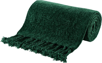 Christmas Green Chenille Throw Blanket, Soft Cozy Knit Blanket with Fringe Tassels, Lightweight Holiday Farmhouse