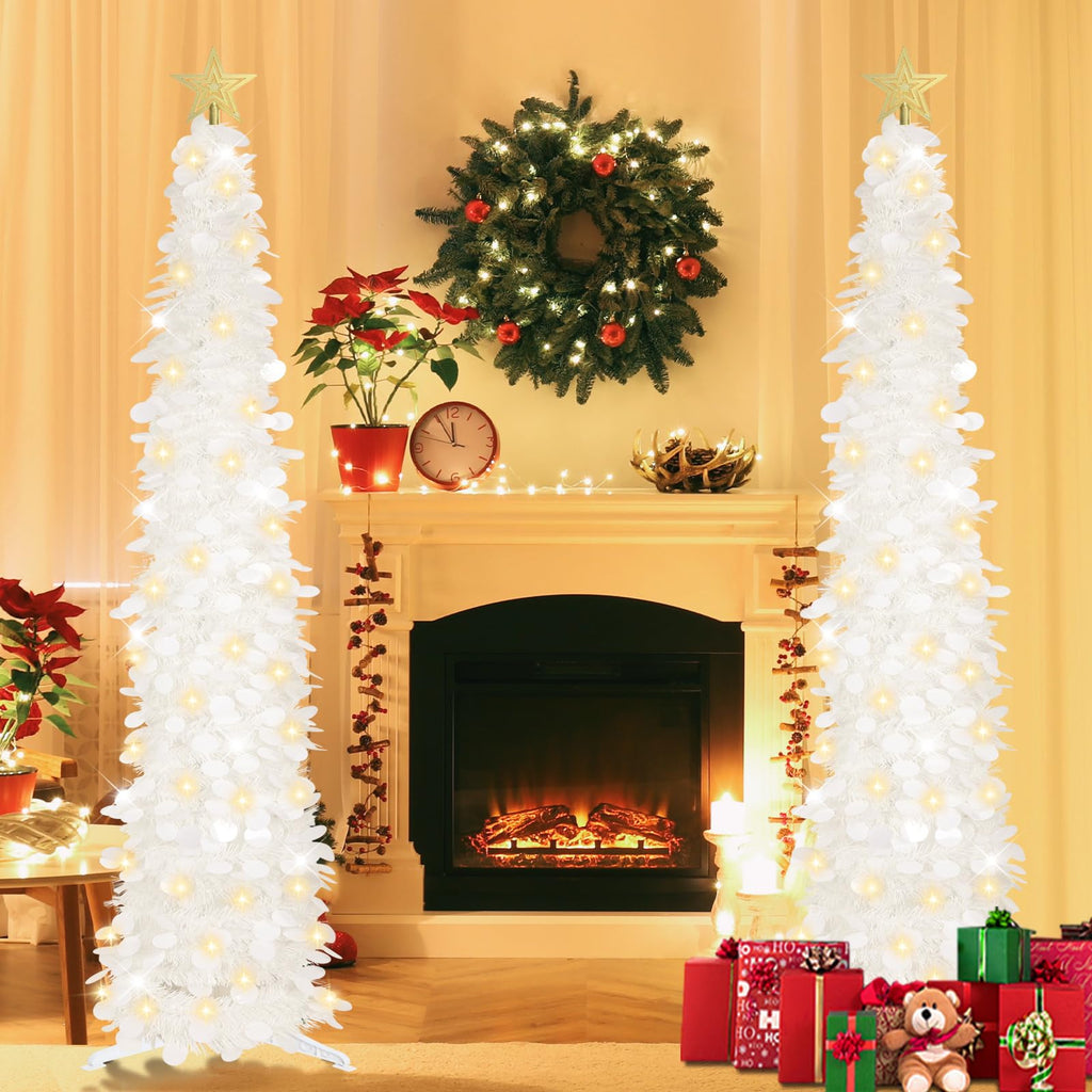 6 FT Pop Up Christmas Tree with 100 LED Timer Lights & Remote, White Collapsible Christmas Tinsel Tree Artificial