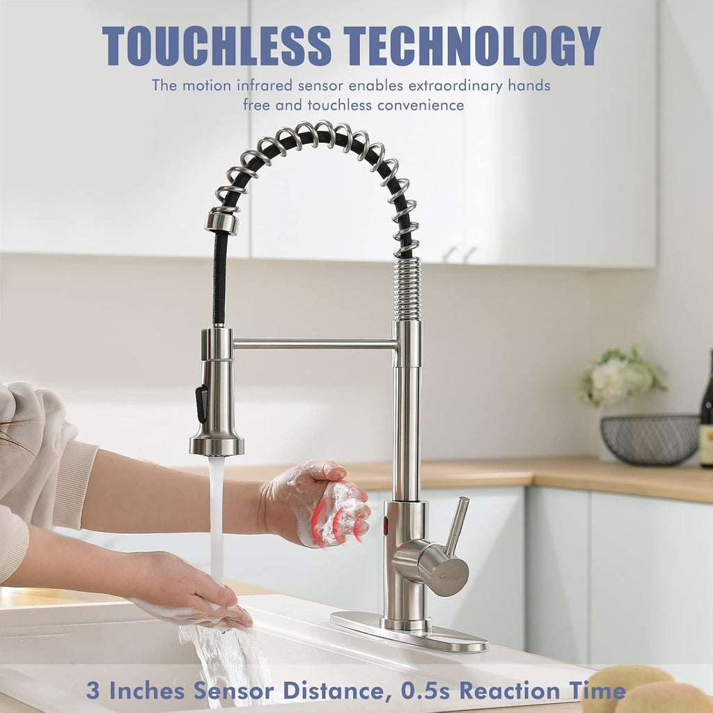 Touchless Kitchen Faucet with Spring Pull Down Sprayer | Brushed Nickel Finish, Motion Sensor Activated, Hands Free