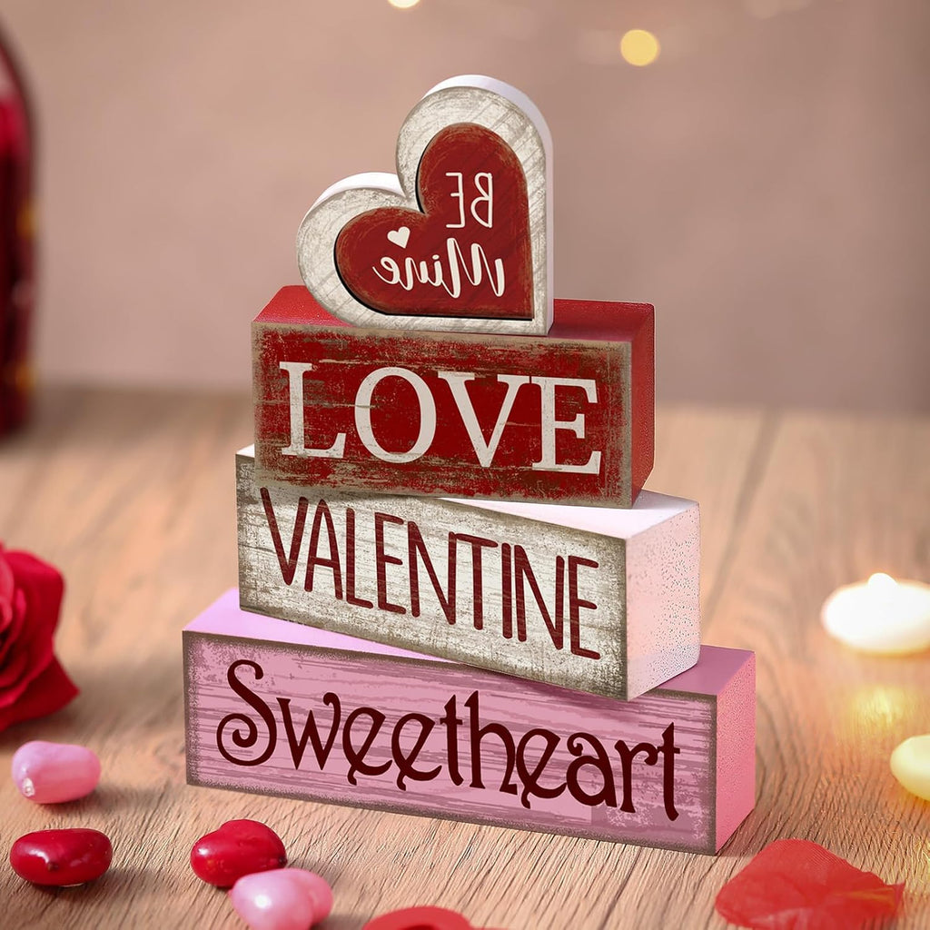 Wooden Valentine Block Signs Tiered Tray Decor - Set of 4
