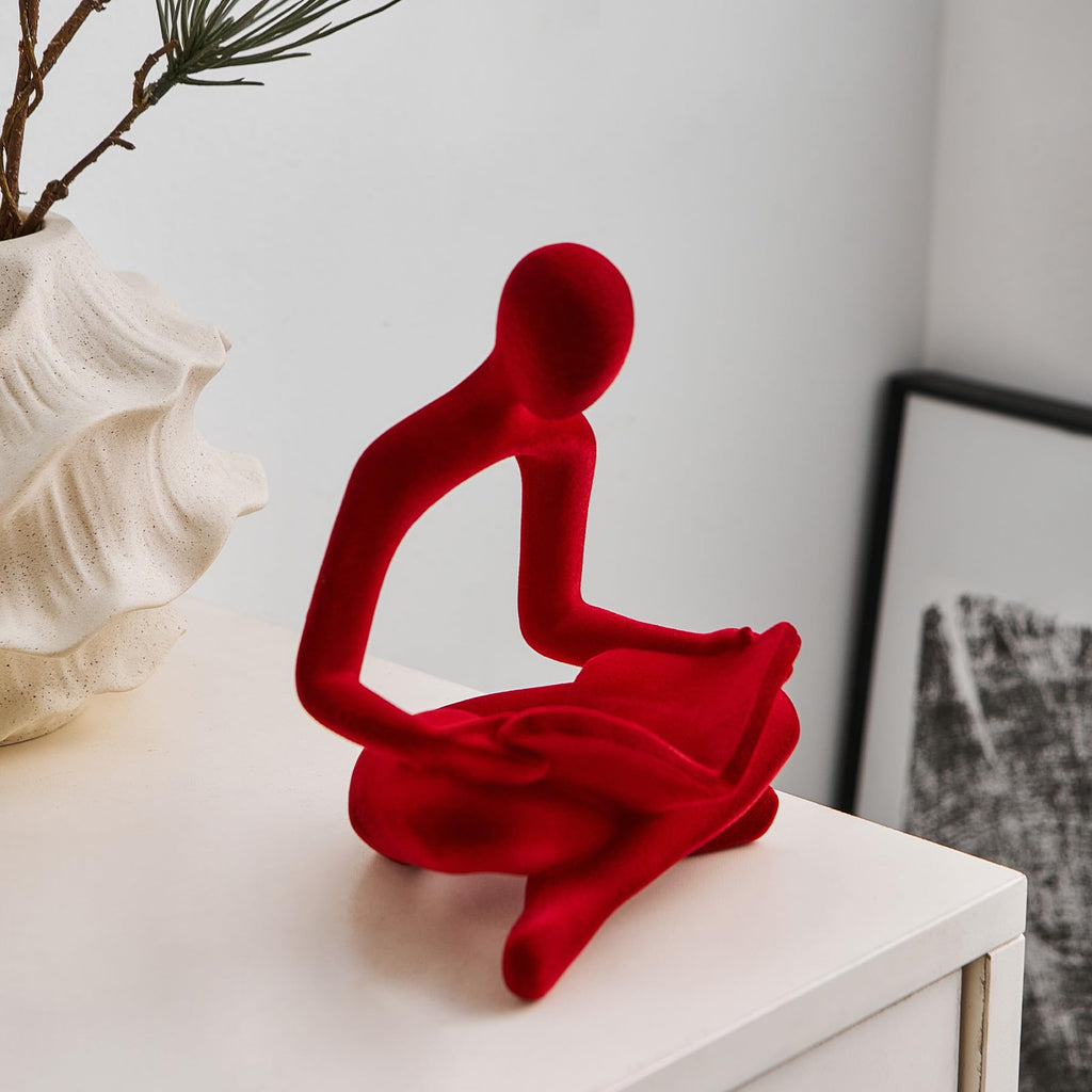Red Reading Statue Decor, Modern Abstract Thinker Sculptures Decorations, Flocked Figurine Office TV Stand Shelf