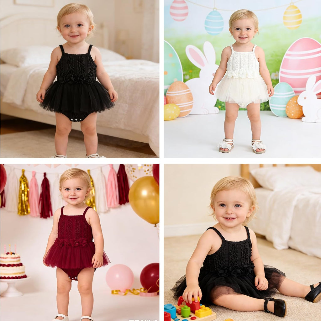 Baby Girls Romper Dress Tutu with Flower Waist Solid Color Infant Birthday Outfit Summer Baby Girl Clothes