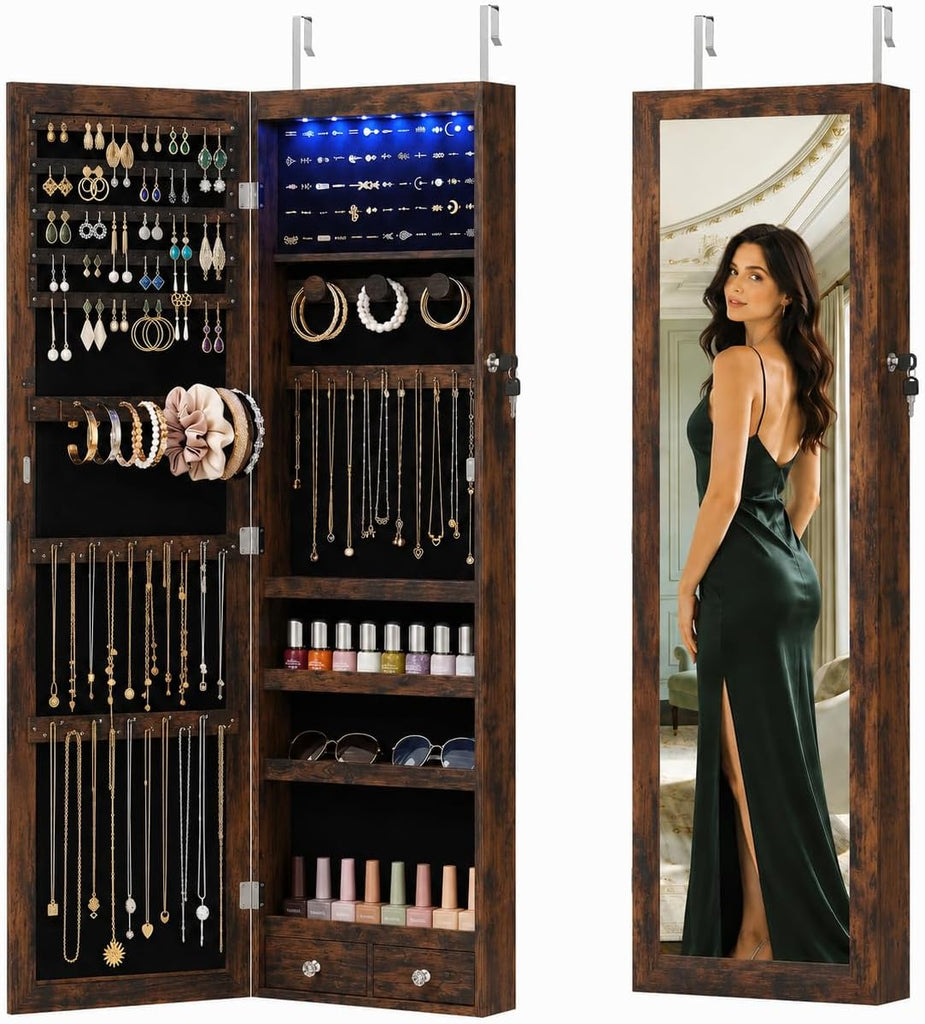 Jewelry Armoire, 47.2" Tall Lockable Jewelry Organizers and Storage Cabinet with Full-Length Mirror, 6 LEDs
