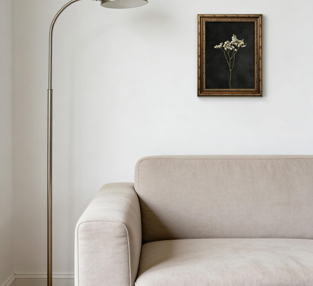 Vintage Gold Framed Wall Art, Minimalist White Dried Stem Flower Art, Dark Tone Botanical Print, Farmhouse, Ready to