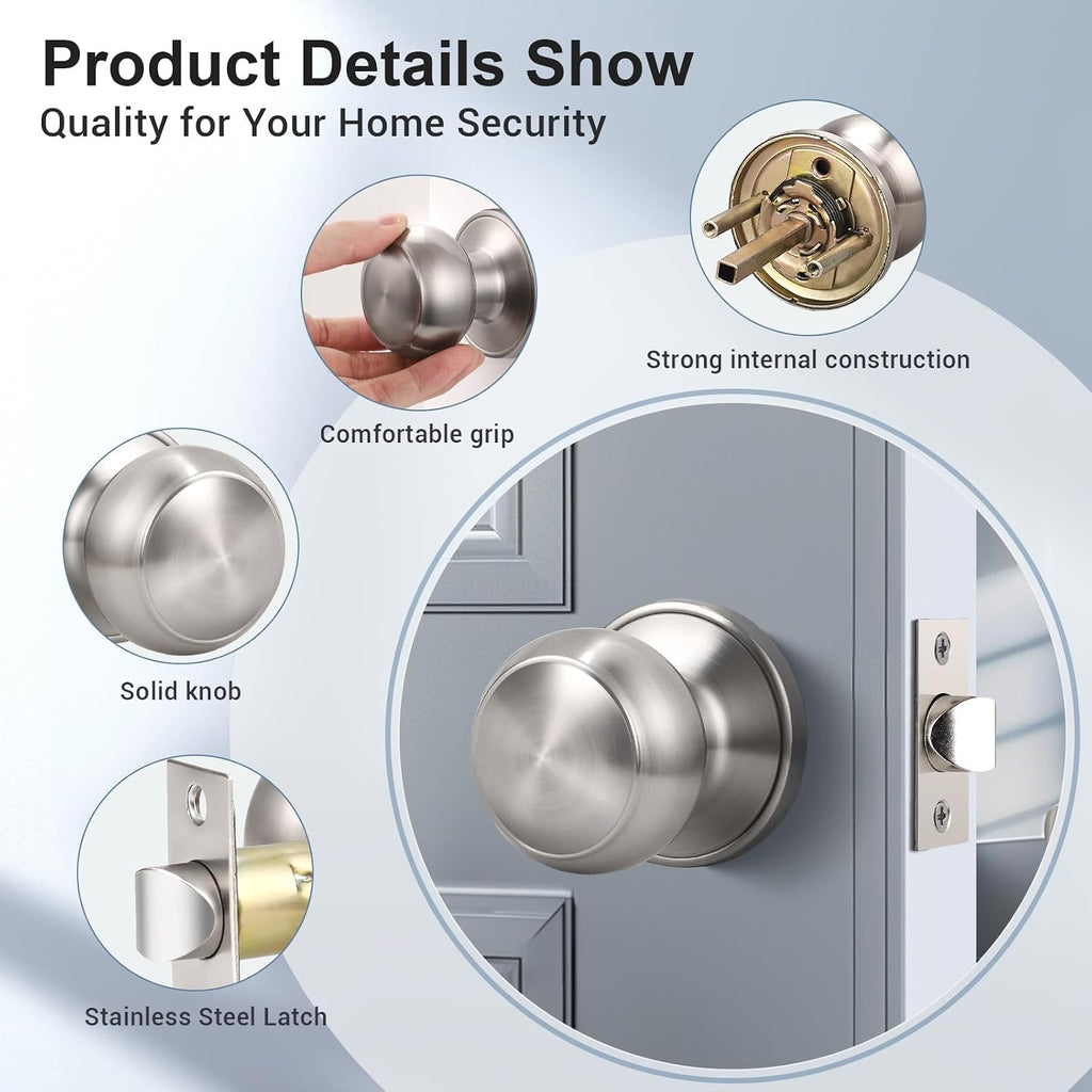 5 Pack Passage Door Knob Brushed Nickel,Round Door knob for Hall and Closet Door Knobs, Non-Locking Round Door