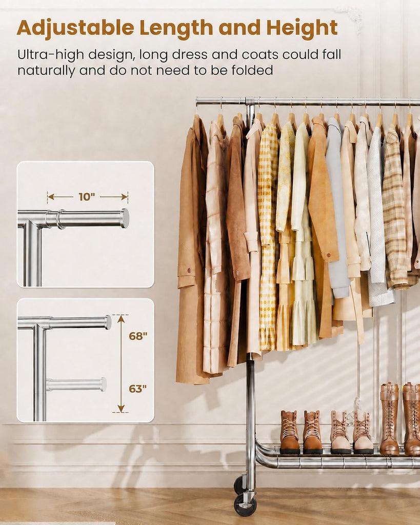 Heavy Duty Clothes Rack for Hanging Clothes with Wheels, Silver