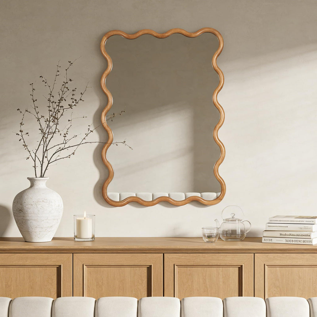 28"x40" Large Wavy Wood Mirror, Natural Wood Boho Accent Wall Mirror with Solid Wooden Frame, Decorative Wall Mirror