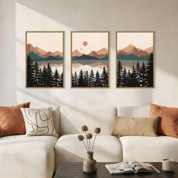 Boho Mountain Sunset Framed Canvas Wall Art Set,Colorful Mid Century Forest Wall Decor,Beige Nature Pine Tree Art