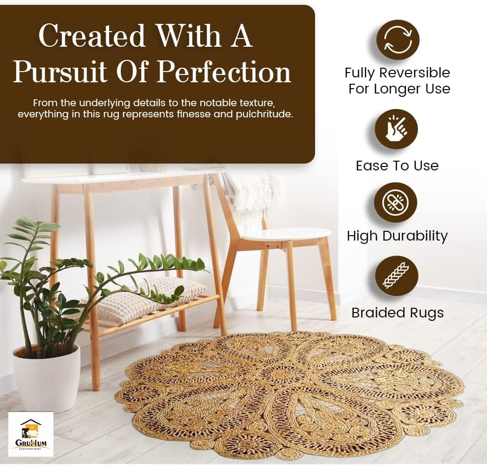 Jute Area Rug 4FT Round Natural Handwoven Rustic Boho Farmhouse Rug 10