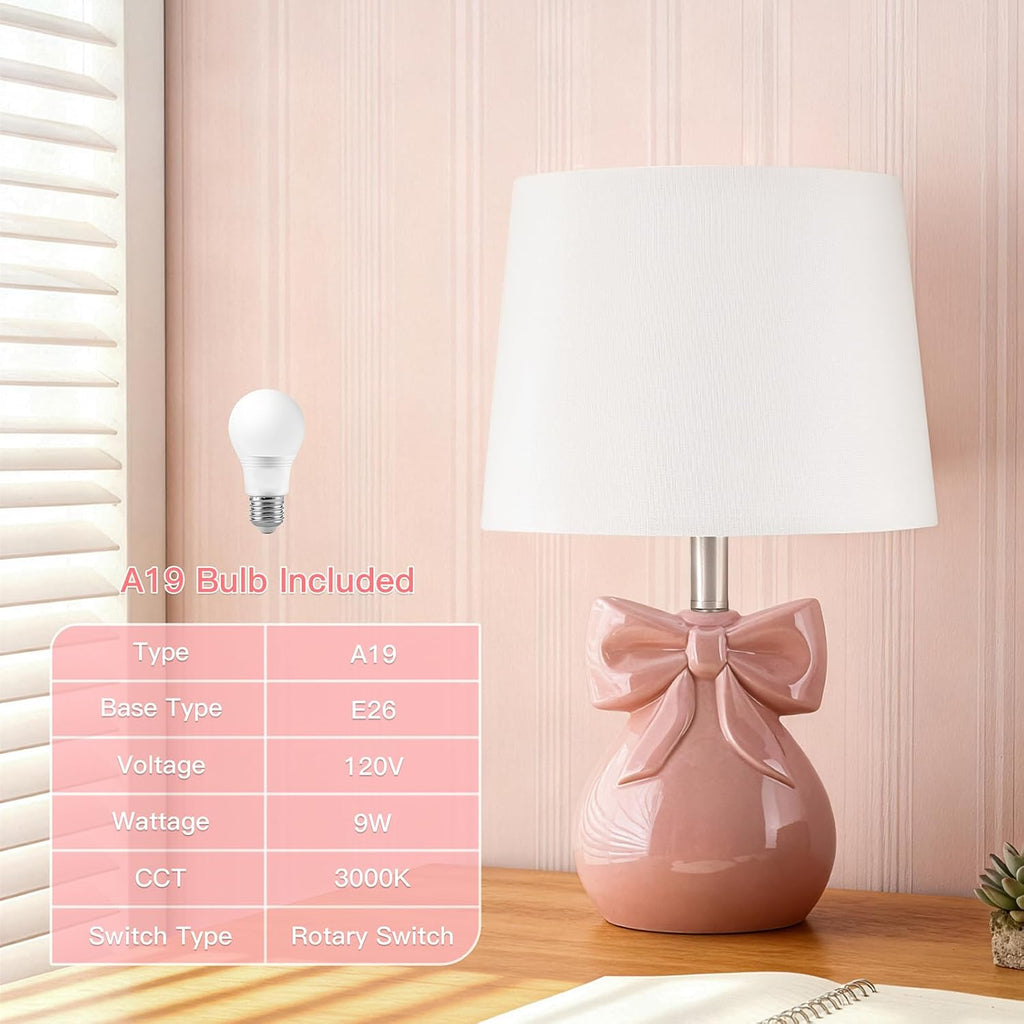 Pink Bow Table Lamp for Girl's Room, 19" Cute Lamp for Kids Bedroom