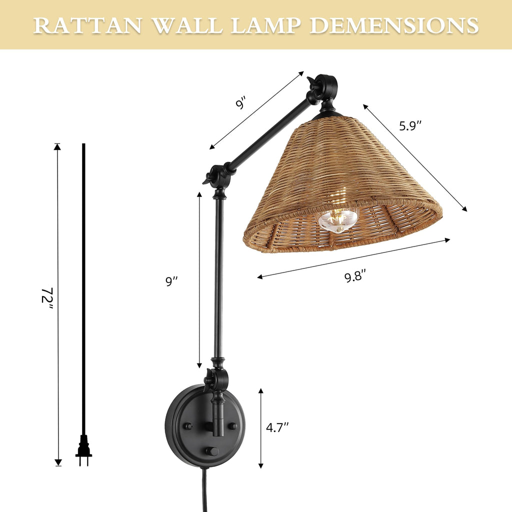 Wall Sconce Rattan Wrapped Wall Lamp, Adjustable Swing Arm Wall Light Fixture Vintage Bedside Light Wicker Handmade