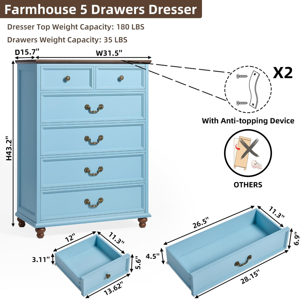 Farmhouse 6 Drawer Dresser Set of 2 , 42" Tall Rustic Chests of Drawers w/ 4 Solid Wood Feet, Mid Century Vintage