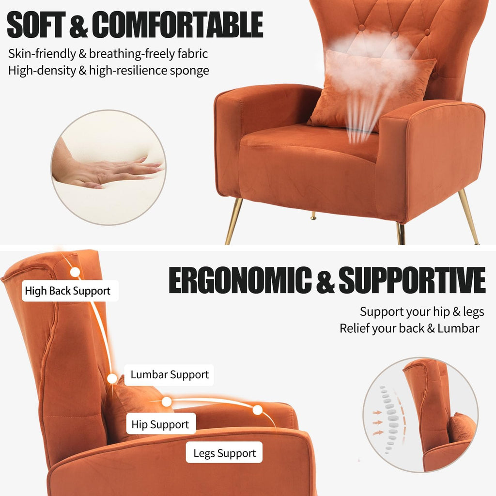 Mid-Century Accent Chairs Set of 2, Wingback Chair with Arm & Gold Legs, Living Room Bedroom Side Chair with Lumbar