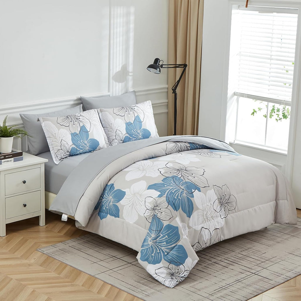 Floral Comforter Set Queen, Blue Floral Comforter and Sheet Set, 7 Pieces Bed in a Bag Soft Microfiber Complete - Set of 7